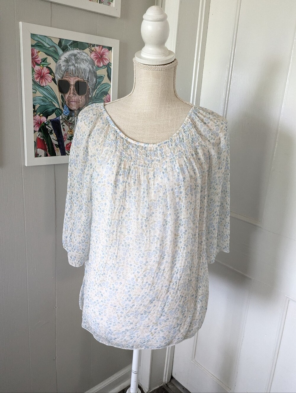 Giusy Silk Floral Blouse White Blue Flowy Italy Coastal Cottage Coquette